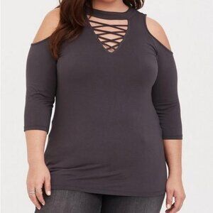 NWT Women’s Torrid Gray Super Soft V-Neck Lace-Up Cold Shoulder Long Sleeve 2